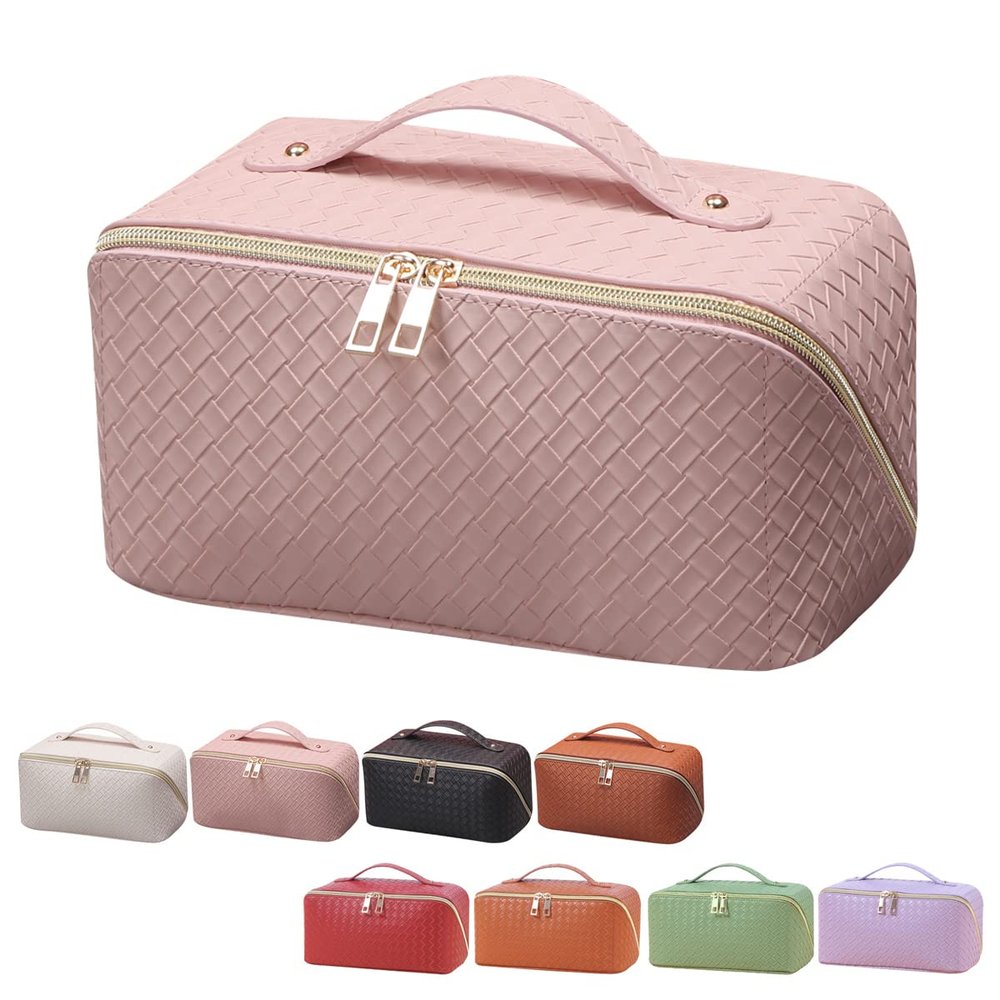 ANIEJUFI Large Capacity Travel Cosmetic Bag Makeup Bag Women Portable Checkered Makeup Organizer Bags Toiletry Bag with Handle and Dividers, Pink
