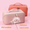 ANIEJUFI Large Capacity Travel Cosmetic Bag Makeup Bag Women Portable Checkered Makeup Organizer Bags Toiletry Bag with Handle and Dividers, Pink view 4