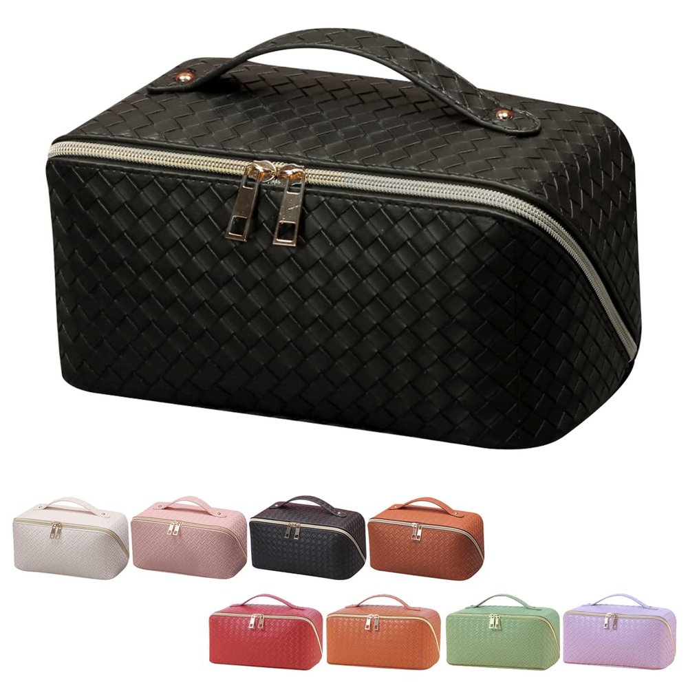ANIEJUFI Large Capacity Travel Cosmetic Bag Makeup Bag Women Portable Checkered Makeup Organizer Bags Toiletry Bag with Handle and Dividers, Black