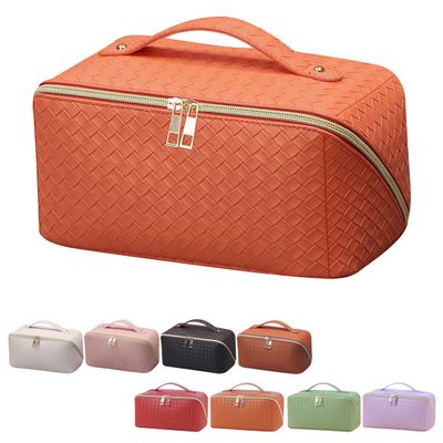 ANIEJUFI Large Capacity Travel Cosmetic Bag Makeup Bag Women Portable Checkered Makeup Organizer Bags Toiletry Bag with Handle and Dividers, Orange