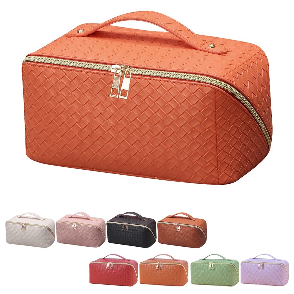 ANIEJUFI Large Capacity Travel Cosmetic Bag Makeup Bag Women Portable Checkered Makeup Organizer Bags Toiletry Bag with Handle and Dividers, Orange