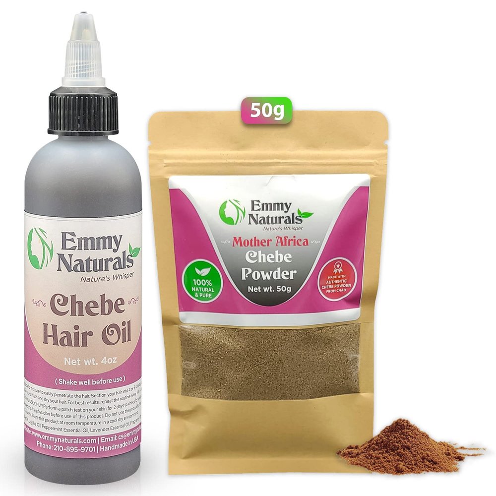 Emmy Naturals 100% African Chebe Powder & Chebe Hair Oil Bundle for Natural, Dry, & Damaged Hair (165g)