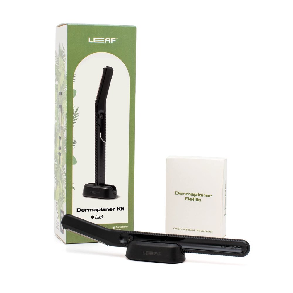 Leaf Shave | Leaf Dermaplaner Kit, All-Metal Reusable Dermaplane Razor and Exfoliating Tool for Women, Includes Matching Stand and 10-Pack of Refills - Black