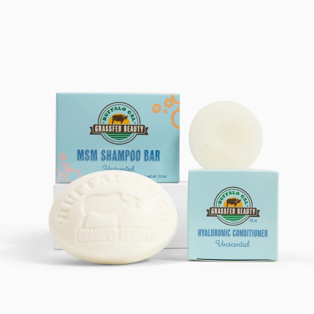 Buffalo Gal Grassfed Beauty - MSM Shampoo Bar + Hyaluronic Hair Conditioner Bar, Solid Bar Shampoo and Conditioner for Hair Growth, Non-Soap, For All Hair Types, Unscented, Set of 2