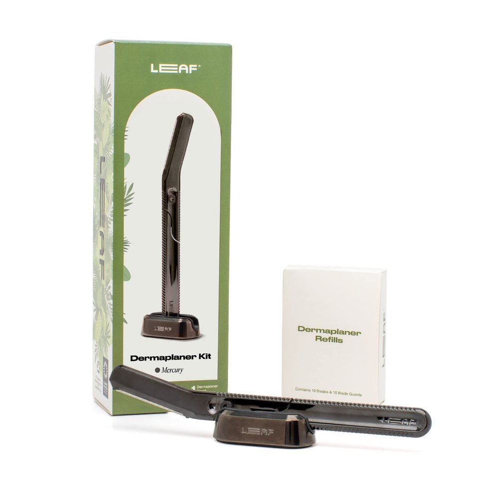 Leaf Shave | Leaf Dermaplaner Kit, All-Metal Reusable Dermaplane Razor and Exfoliating Tool for Women, Includes Matching Stand and 10-Pack of Refills - Mercury