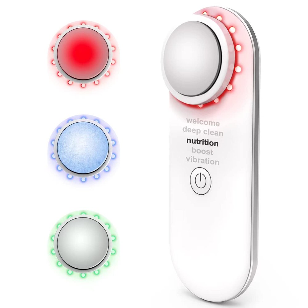 Electric Face Massager, Portable Hot and Cold Facial Massage Tools for Skin Care, Heating and Cooling Device with Multi-Color and Vibration, Deep Cleansing Tool with Base, Gifts for Women (White)