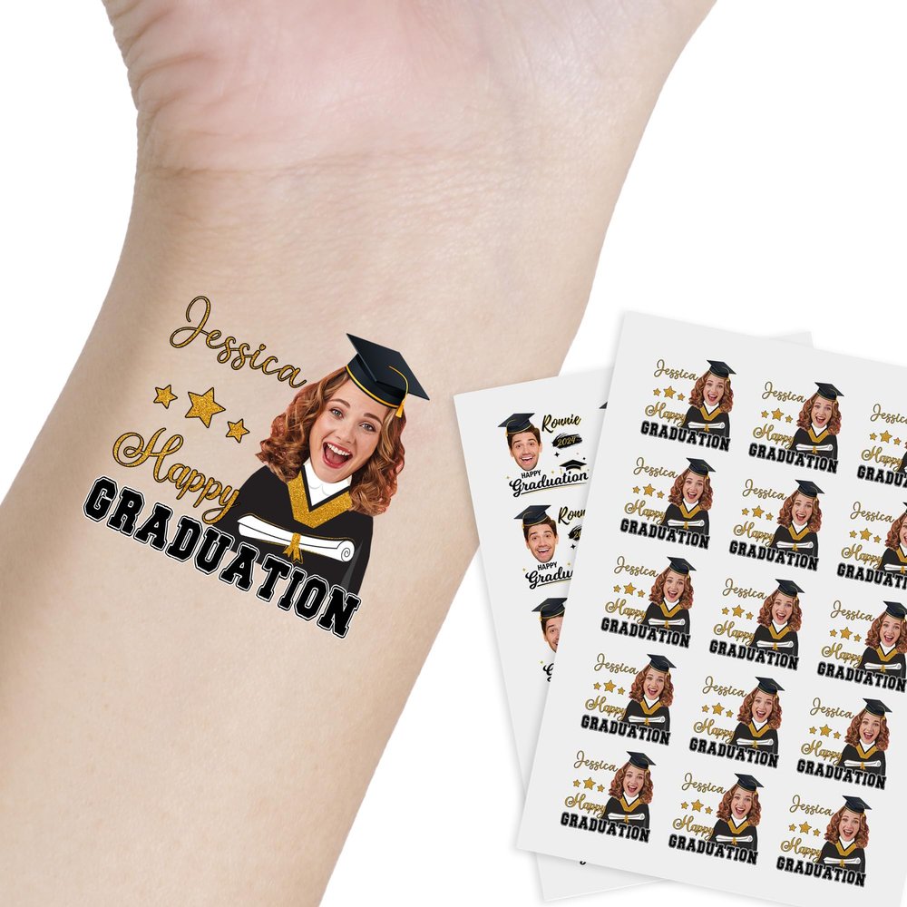 Customized Temporary Tattoo for Graduation Happy Graduation Fake Realistic Tattoos with Funny Face Ceremony Celebration Decors-15pcs