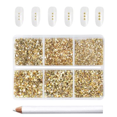 Beadsland 7200pcs Flatback Rhinestones,Gold Rhinestone Nail Gems Round Crystal Rhinestones for Crafts,Mixed 6 Sizes with Wax Pencil Kit, SS3-SS10,Metal Sunlight