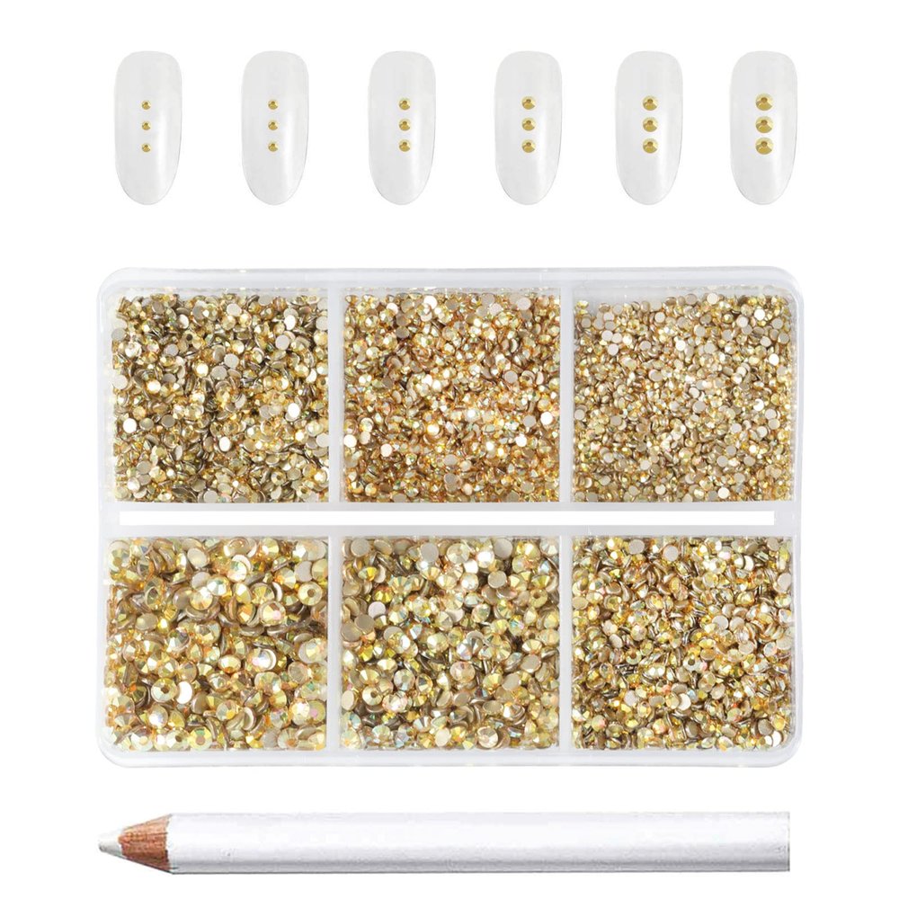Beadsland 7200pcs Flatback Rhinestones,Gold Rhinestone Nail Gems Round Crystal Rhinestones for Crafts,Mixed 6 Sizes with Wax Pencil Kit, SS3-SS10,Metal Sunlight
