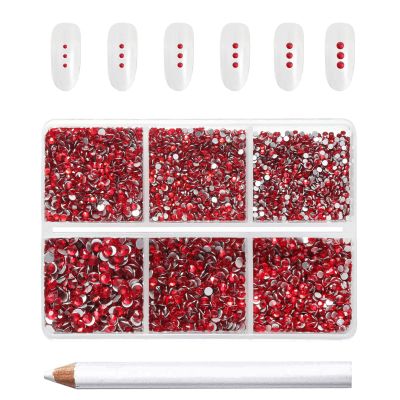 Beadsland 7200pcs Flatback Rhinestones,Red Rhinestone Nail Gems Round Crystal Rhinestones for Crafts,Mixed 6 Sizes with Wax Pencil Kit, SS3-SS10,Siam
