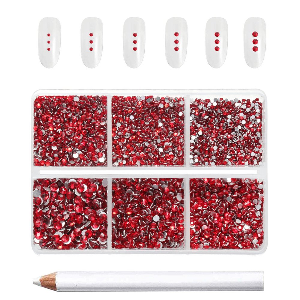 Beadsland 7200pcs Flatback Rhinestones,Red Rhinestone Nail Gems Round Crystal Rhinestones for Crafts,Mixed 6 Sizes with Wax Pencil Kit, SS3-SS10,Siam