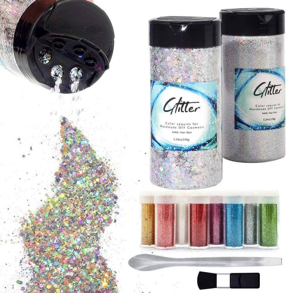Craft Glitter, 380g Nail Glitter Powder 10 Jars Glitter with Tools,AARDWO Vibrant Multi-Purpose Glitter for Body,Eyeshadow,Cosmetic,Nail Arts,Crafts,Decoration,DIY(Star&Moon Shape, Silver)