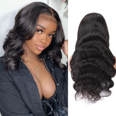 13x6 Body Wave Lace Front Wigs Human Hair 180 Density HD Transparent Lace Frontal Wigs for Black women Glueless Wigs Human Hair pre plucked with Baby Hair Natural Hairline Natural Color 16inch