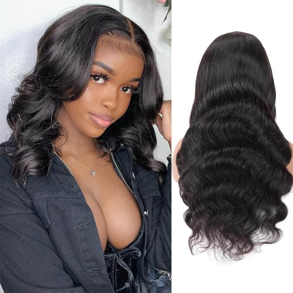 13x6 Body Wave Lace Front Wigs Human Hair 180 Density HD Transparent Lace Frontal Wigs for Black women Glueless Wigs Human Hair pre plucked with Baby Hair Natural Hairline Natural Color 16inch