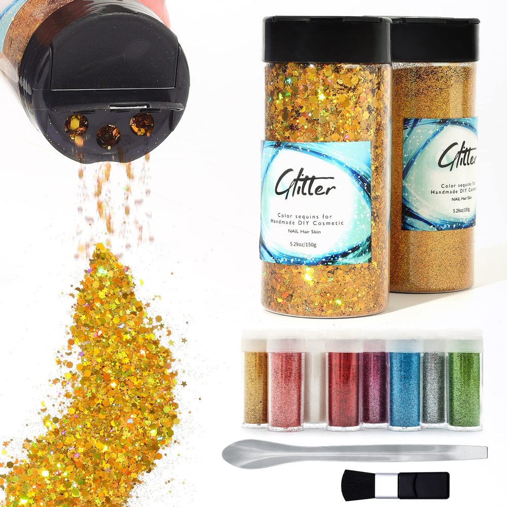 Craft Glitter, 380g Nail Glitter Powder 10 Jars Glitter with Tools,AARDWO Vibrant Multi-Purpose Glitter for Body,Eyeshadow,Cosmetic,Nail Arts,Crafts,Decoration,DIY(Star&Moon Shape, Gold)