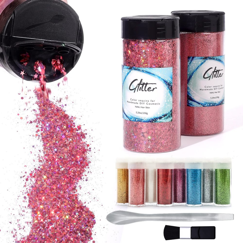 Craft Glitter, 380g Nail Glitter Powder 10 Jars Glitter with Tools,AARDWO Vibrant Multi-Purpose Glitter for Body,Eyeshadow,Cosmetic,Nail Arts,Crafts,Decoration,DIY(Star&Moon Shape, Pink)
