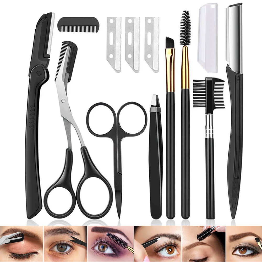 12 in 1 Eyebrow Trimmer Kit Eye Brow Scissors, Eyebrow Razor, Eyebrow Comb, Eyebrow Comb Scissor, Eyebrow Brush,Folding Eyebrow Knife, Scissors Razor, Eyebrow Trimmer, Tweezers.