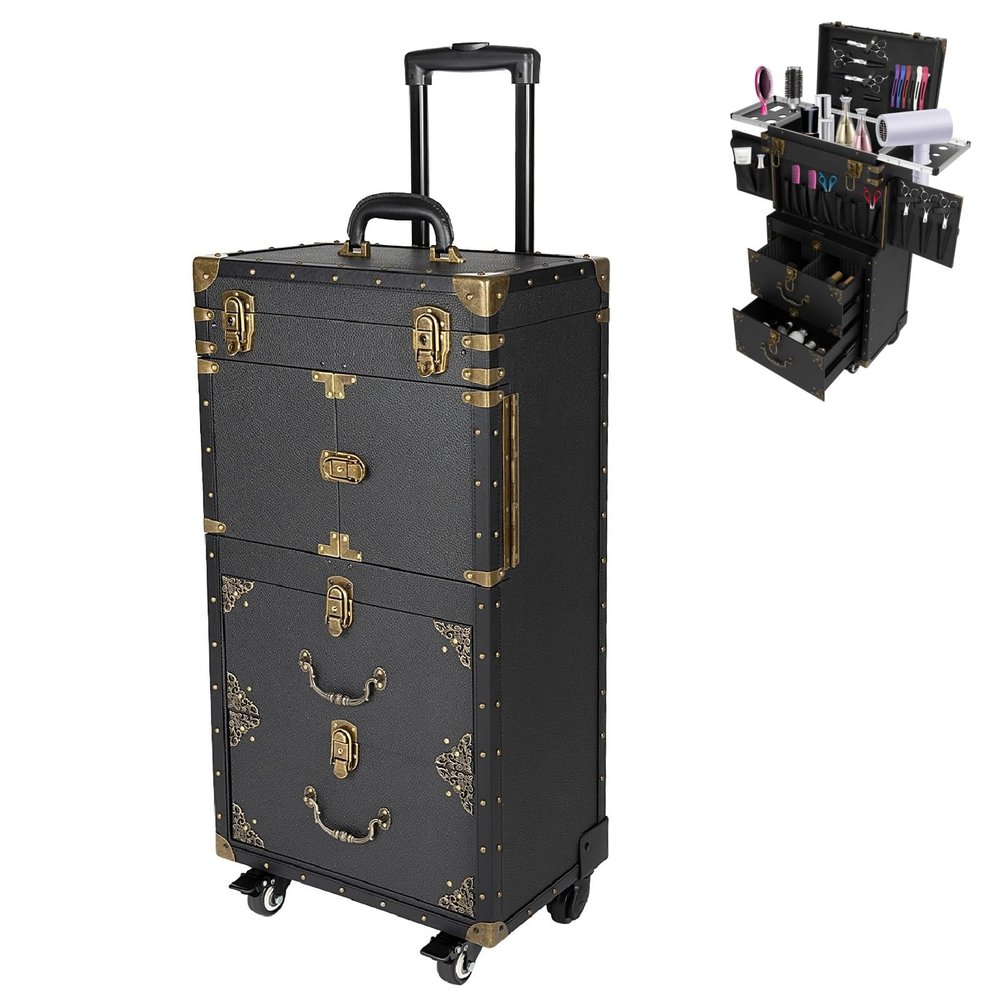 Lemoeyes Rolling Makeup Case, Lockable Hairdressing Suitcase with Wheels Cosmetic Luggage with Hair Dryer Holder, Beauty Salon Stylist Trolley Train Organizer Box, 15.5"10"32.3"