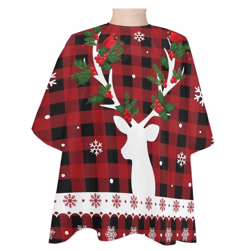 Christmas Plaid Barber Cape - Salon Hair Cutting Cape for Women,Men,Kids,Adults,Haircut Cape with Adjustable Elastic Neckline Stylist Cape Gown Accessories Xmas Red Elk Winter Snowflake Poinsettia