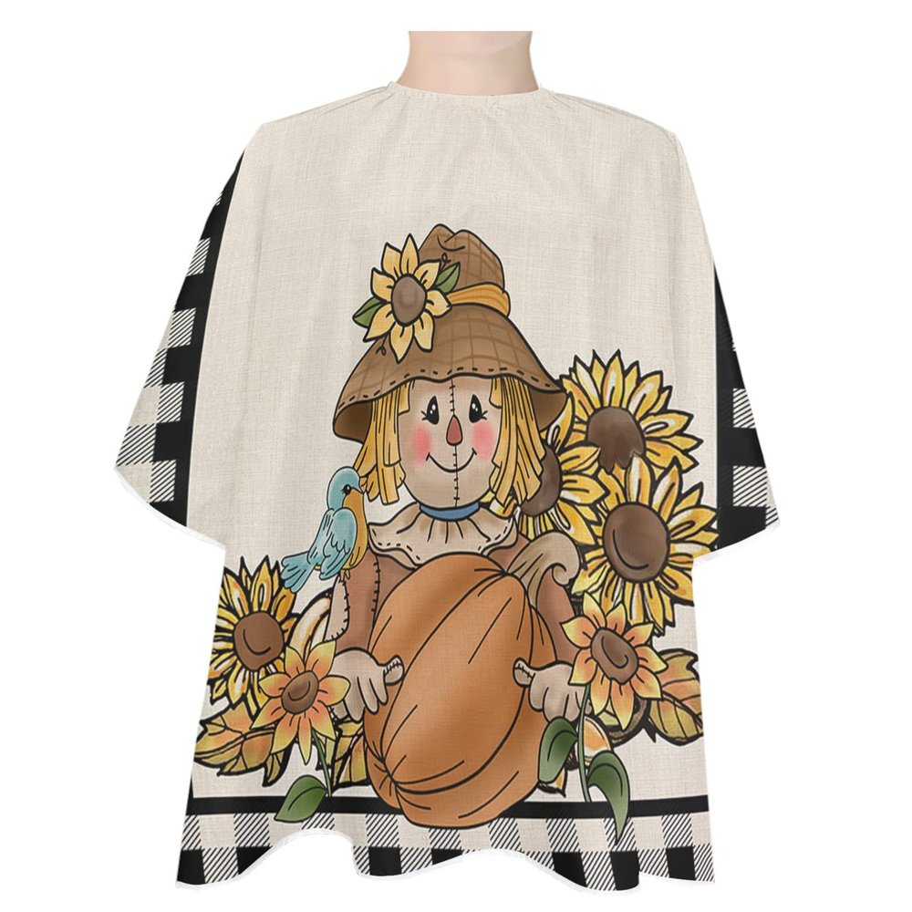 Autumn Pumpkin Scarecrow Barber Cape - Salon Hair Cutting Cape for Women,Men,Kids,Adults,Haircut Cape with Adjustable Elastic Neckline Cape Gown Accessories Farmhouse Fall Sunflower Black Plaid