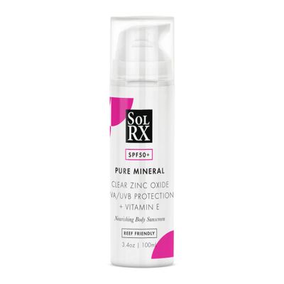SolRX Pure Mineral SPF 50+ Sunscreen - 3.4oz Zinc Oxide Sunscreen with Vitamin E, Reef Safe, Daily Use for Face and Body