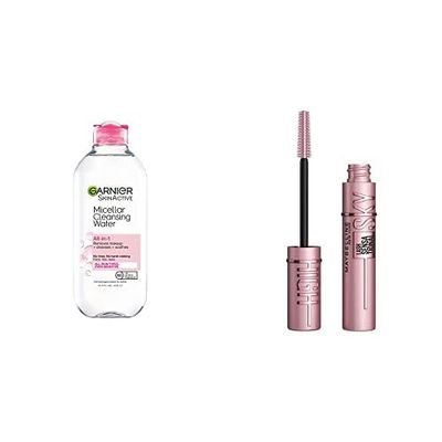 Garnier SkinActive Micellar Water + Maybelline Lash Sensational Sky High Washable Mascara Blackest Black Bundle