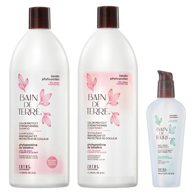 Bain de Terre Strengthening Shampoo and Conditioner Set & Shine Serum | Keratin Phyto-Protein | Strengthens Weak & Fragile Hair | Paraben Free | Color-Safe | 33.8 Fl Oz