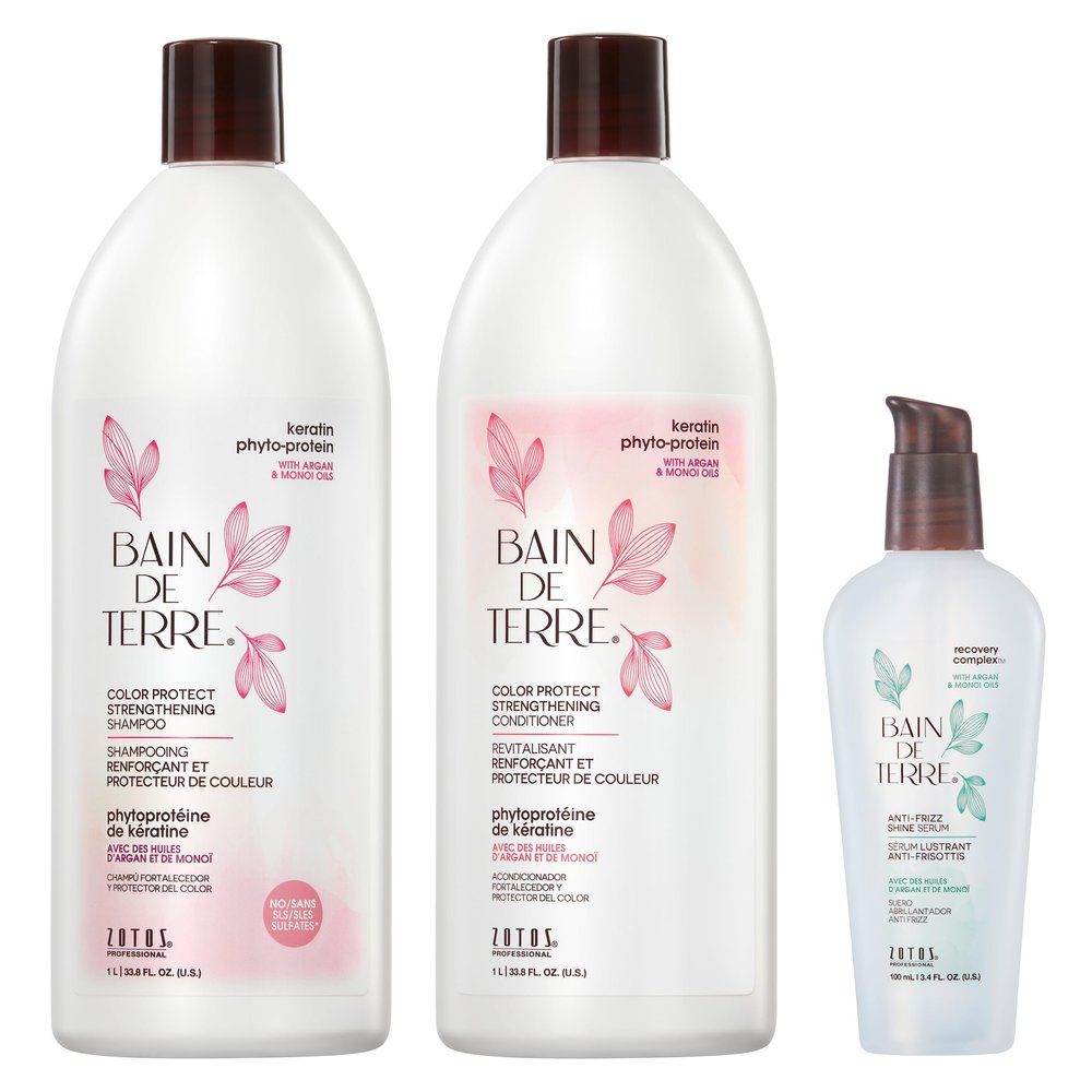 Bain de Terre Strengthening Shampoo and Conditioner Set & Shine Serum | Keratin Phyto-Protein | Strengthens Weak & Fragile Hair | Paraben Free | Color-Safe | 33.8 Fl Oz