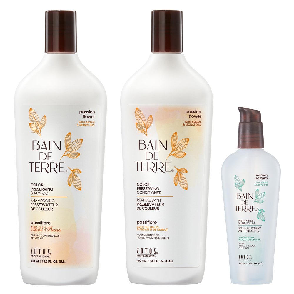 Bain de Terre Color Preserving Shampoo and Conditioner Set & Shine Serum | Passion Flower | Protects & Maintains Color-Treated Hair | Paraben Free | Color-Safe | 13.5 Fl Oz