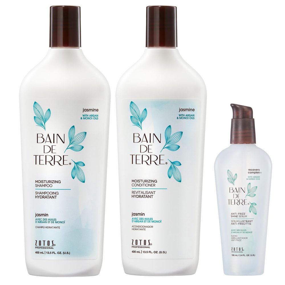 Bain de Terre Moisturizing Shampoo and Conditioner Set & Shine Serum | Jasmine | Hydrates & Moisturizes Dry, Damaged Hair | Argan & Monoi Oils | Paraben Free | Color-Safe | 13.5 Fl Oz