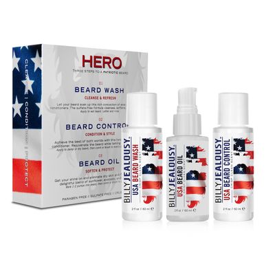 Billy Jealousy USA Hero Kit with USA Beard Wash, Hydrating Leave-In Conditioner, and Oil to Cleanse, Nourish, Soften & Strengthen your Facial Hair, Relieves Itch and Flakes