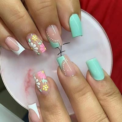 Magrace Medium Press on Nails Square French Tip Fake nails with Designs 24 Pcs Square False Stick on Nails for Women (A-1)