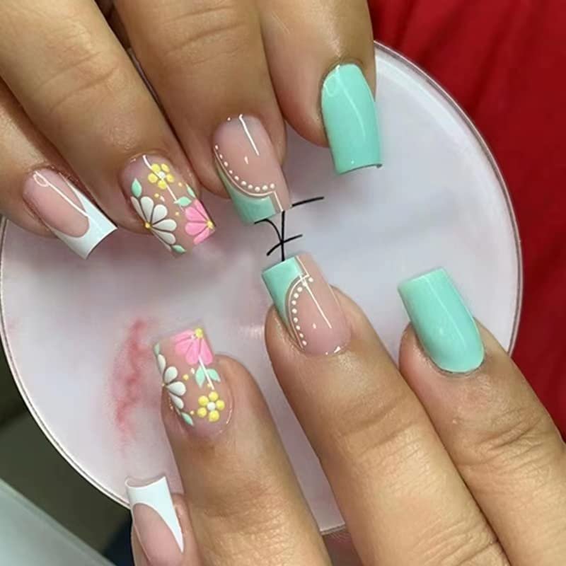 Magrace Medium Press on Nails Square French Tip Fake nails with Designs 24 Pcs Square False Stick on Nails for Women (A-1)