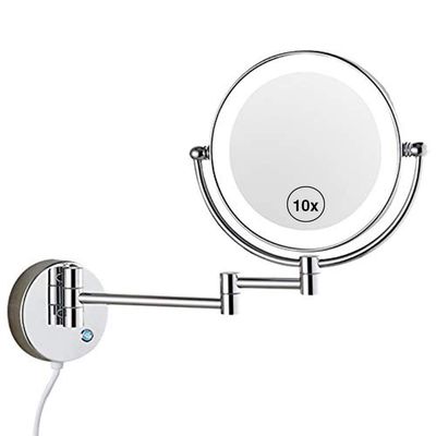 ROWITA 10X Magnification LED Lighted Wall Mount Makeup Mirror, Two-Sided Swivel Extendable Bedroom Or Bathroom Shaving Vanity Mirror 8.5-Inch, Touch Button Adjustable Light, Chromium