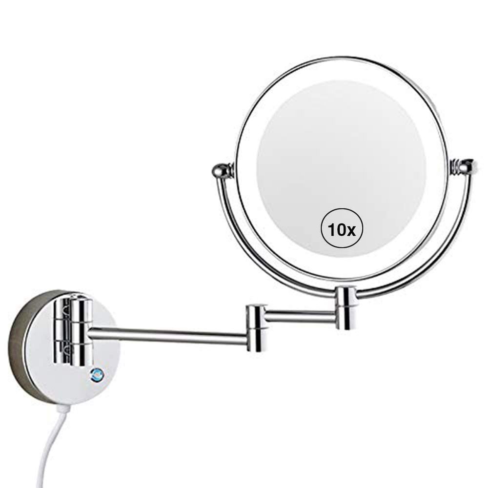 ROWITA 10X Magnification LED Lighted Wall Mount Makeup Mirror, Two-Sided Swivel Extendable Bedroom Or Bathroom Shaving Vanity Mirror 8.5-Inch, Touch Button Adjustable Light, Chromium