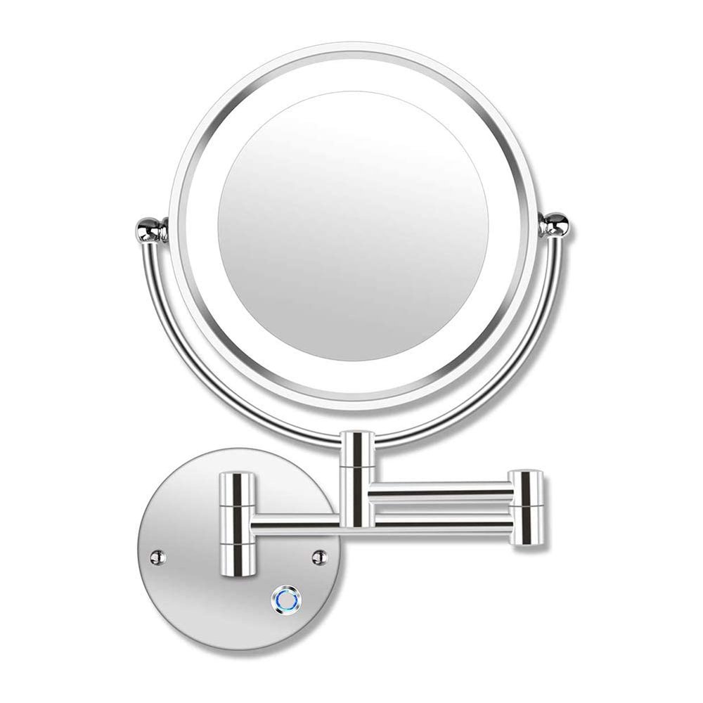 ROWITA 8.5-Inch LED Lighted Wall Mount Makeup Mirror, 5X Magnification Two-Sided Swivel Extendable Bedroom Or Bathroom Shaving Vanity Mirror, Touch Button Adjustable Light, Chromium