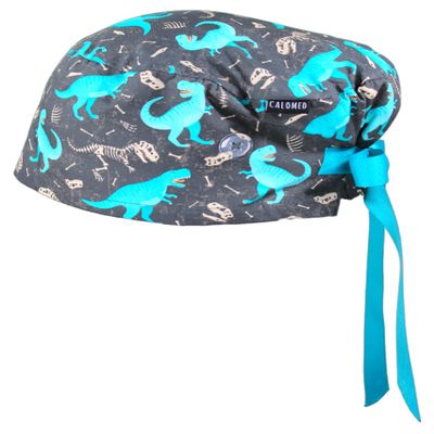 CALOMED Scrub Cap for Women and Men, Euro Style Scrub Caps, Working Hat, Head Cover with Ribbon Ties and Buttons, Long or Short Hair (Dinosaurs on Gray)