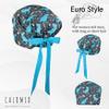 CALOMED Scrub Cap for Women and Men, Euro Style Scrub Caps, Working Hat, Head Cover with Ribbon Ties and Buttons, Long or Short Hair (Dinosaurs on Gray) view 2