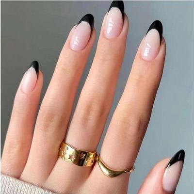 RikView Black French Tips Nails Almond Press on Nails Medium Fake Nails Black Glossy Nails 24 PCS/Set