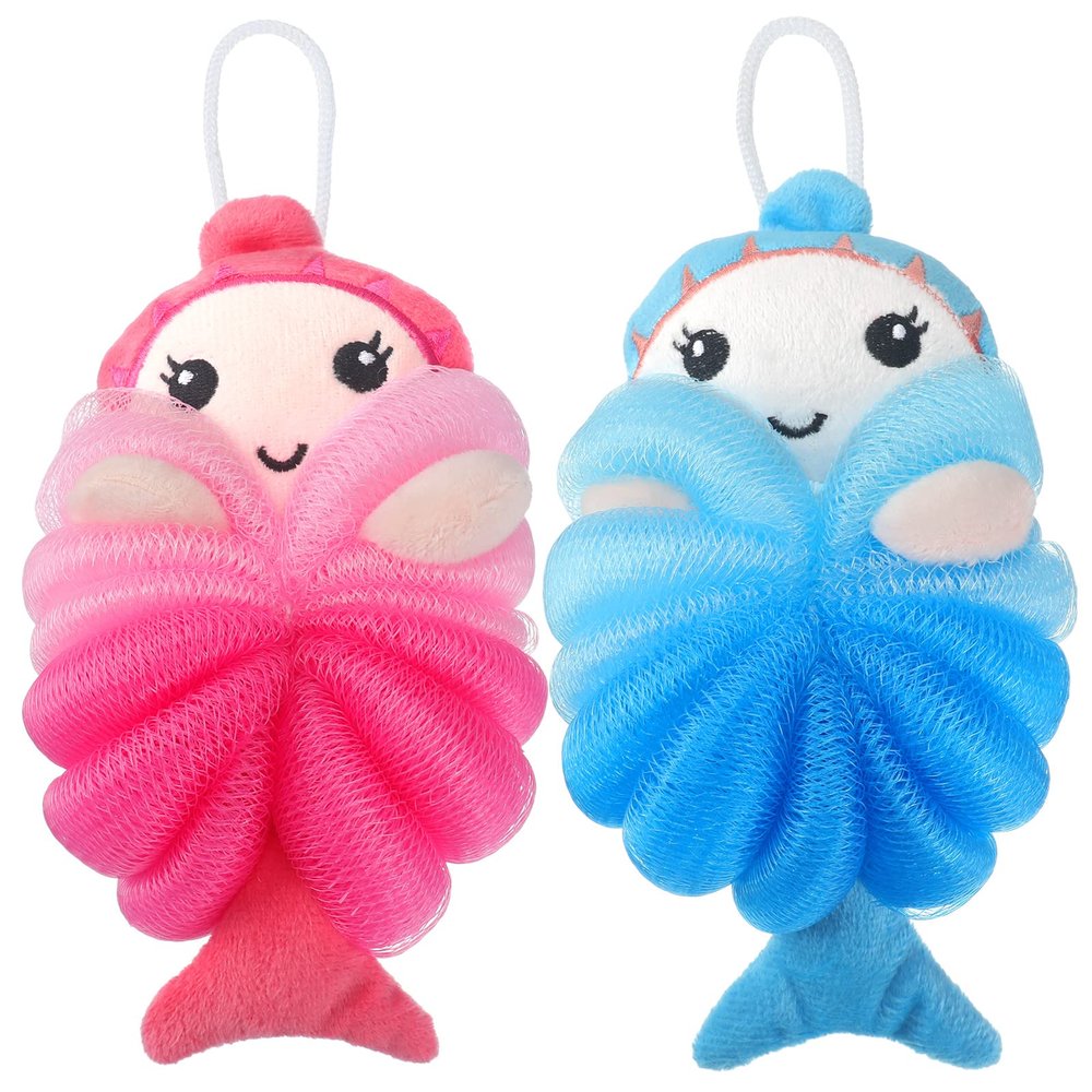 Nuenen 2 Pcs Bath Loofahs Kids Toddler Cute Cartoon Bath Sponges Loofah Pouf Body Scrubber Mesh Sponges for Children Shower Washing Exfoliating(Mermaid)