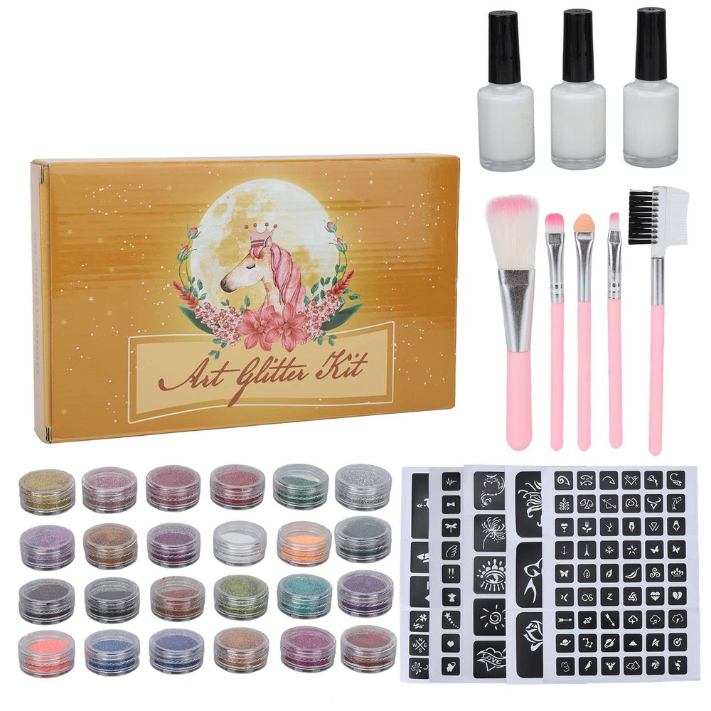 Glitter Tattoo Kit for Kids Adults, Waterproof Temporary Tattoos Set with 24 Colors Face Body Glitter Powder and Tattoo Stencil Brush, Skin Friendly Glitter Powder for Nail Art Makeup Hairdressing