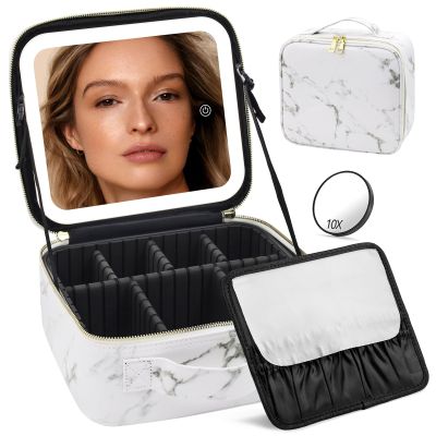 Jadazror Makeup Bag with Mirror and Light, Makeup Case with Lighted Mirror, Travel Makeup Bag with Light up Mirror 3 Color Lights, Makeup Organizer Bag with Adjustable Dividers & Brush Holder(Marble)