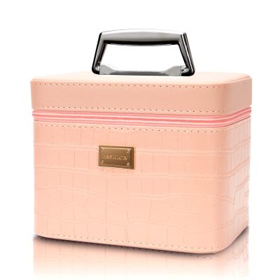 Sluxa Fashion makeup box, Portable leather hard cosmetic case with mirror, Professional train case make up box for women adults. (Pink)