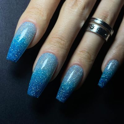 Redykat Handmade 24PCS Glossy Coffin Press On Nails, Salon Quality Nail art,Color Changing Blue Extra Long Acrylic Fake Nails, False Nails (thermochromic blue)