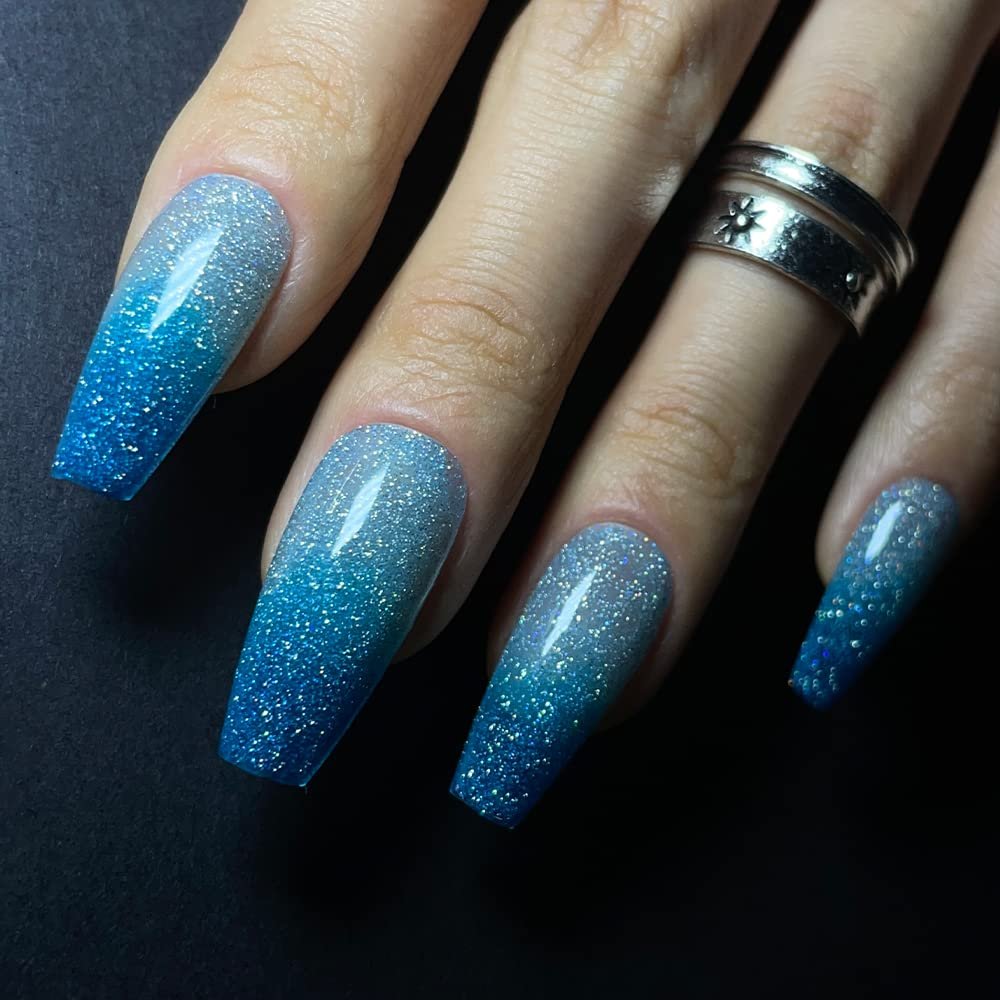 Redykat Handmade 24PCS Glossy Coffin Press On Nails, Salon Quality Nail art,Color Changing Blue Extra Long Acrylic Fake Nails, False Nails (thermochromic blue)