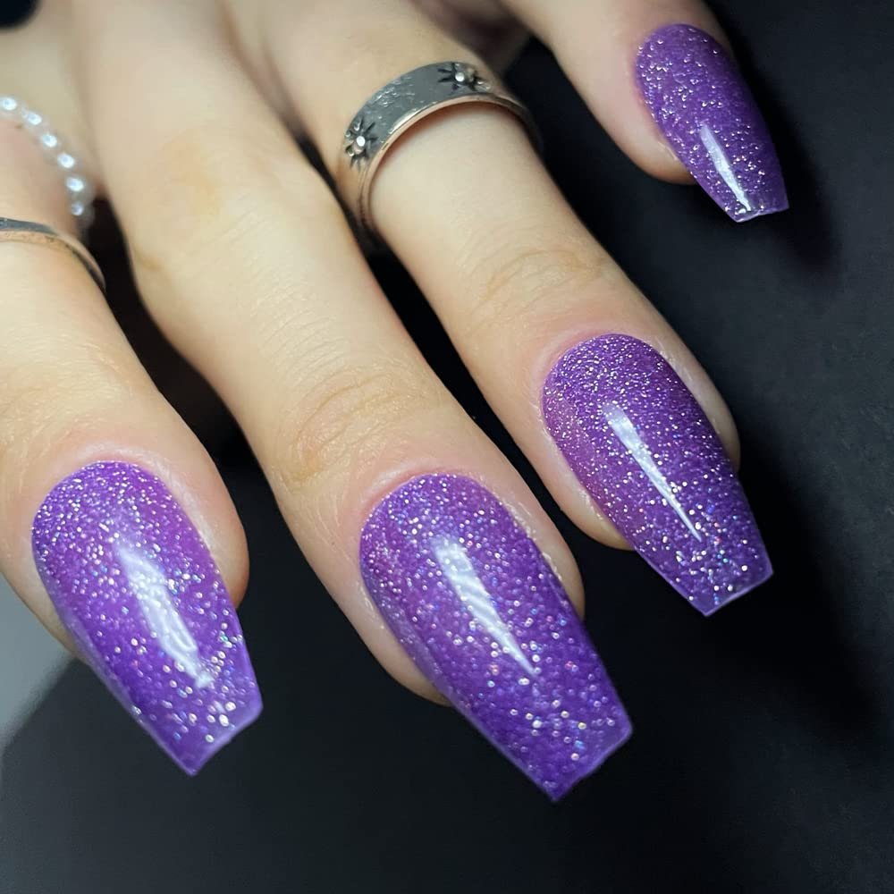 Redykat Handmade 24PCS Glossy Coffin Press On Nails, Salon Quality Nail art, Extra Long Acrylic Fake Nails, False Nails, Home Quick Manicure (thermochromic purple)