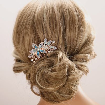 Aimimier Bridal Wedding Flower Leaf Crystal Hair Comb Dainty Rhinestone Gem Side Combs Long Teeth Hair Pins Floral Hair Accessories for Women Girls(Blue)