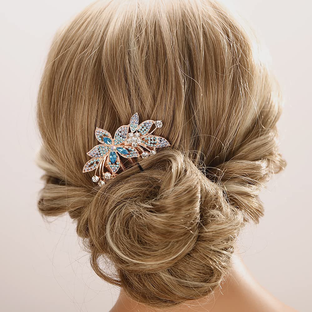 Aimimier Bridal Wedding Flower Leaf Crystal Hair Comb Dainty Rhinestone Gem Side Combs Long Teeth Hair Pins Floral Hair Accessories for Women Girls(Blue)