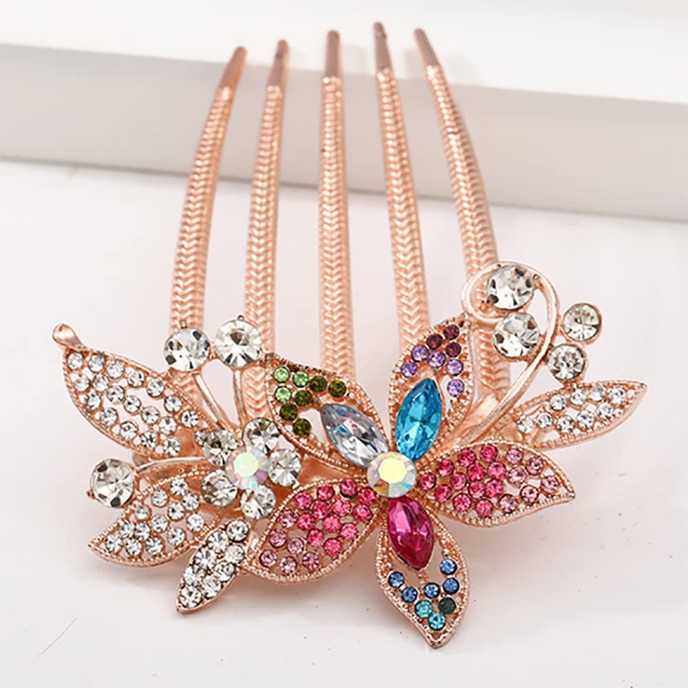 Aimimier Bridal Wedding Crystal French Hair Comb Flower Leaf Rhinestone Gem Side Combs Long Teeth Barette Luxury Hair Accessories for Women Girls(Colorful)