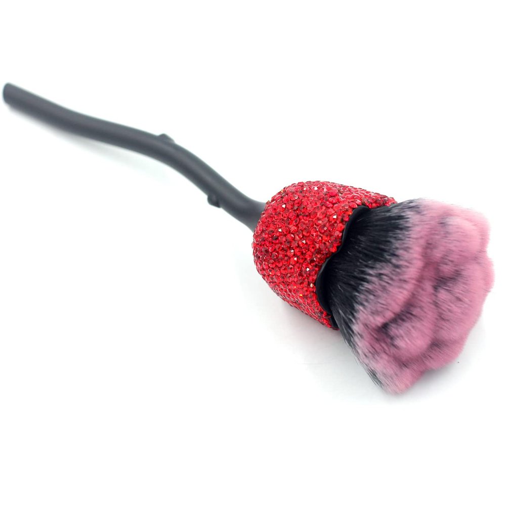 Bestbling Bling Rhinestones Rose Shaped Powder Makeup Brush, Luxury Foundation Brush with Soft Bristles for Makeup Application (Red)